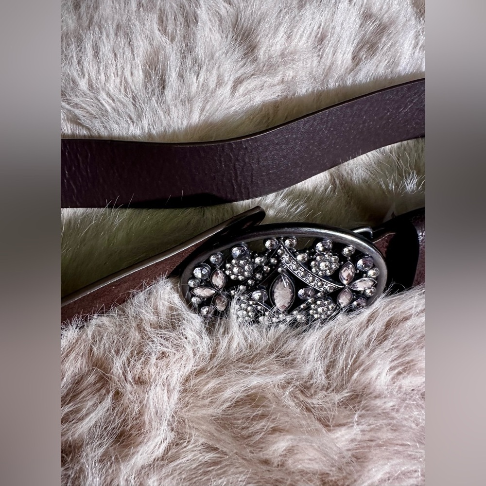 Elegant Brown Leather Belt with Silver Embellished Buckle